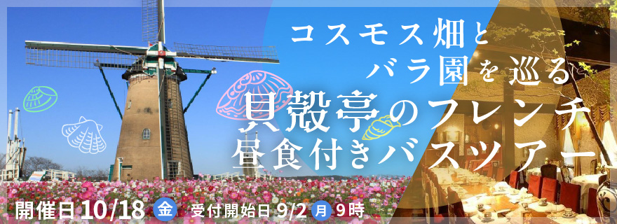 コスモス畑とバラ園を巡る貝殻亭のフレンチ昼食付きバスツアー